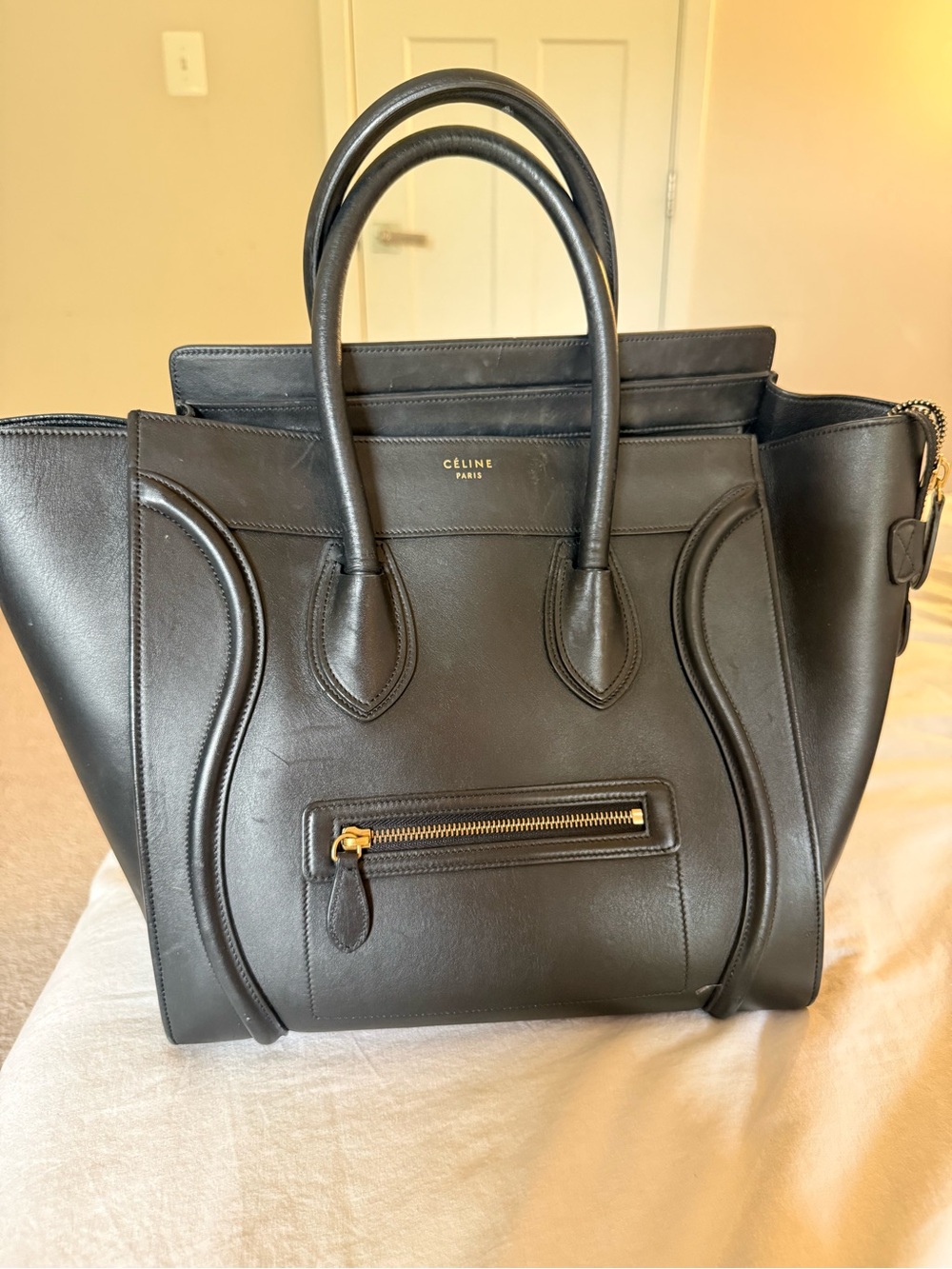 Celine Black Leather Mini Luggage Tote with Gold Hardware
